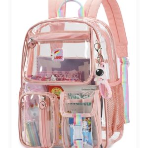 Clear Backpack Heavy Duty,Transparent Backpacks for School,Girls bookbag Stadium Approved,With Keychain(Pink