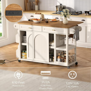 47.3" Kitchen Island on Wheels with Storage and Drop Leaf.