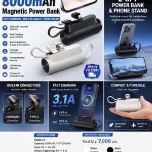 8000mAh 2 in 1 Magnetic Power Bank with Phone Stand. 7000 Units.