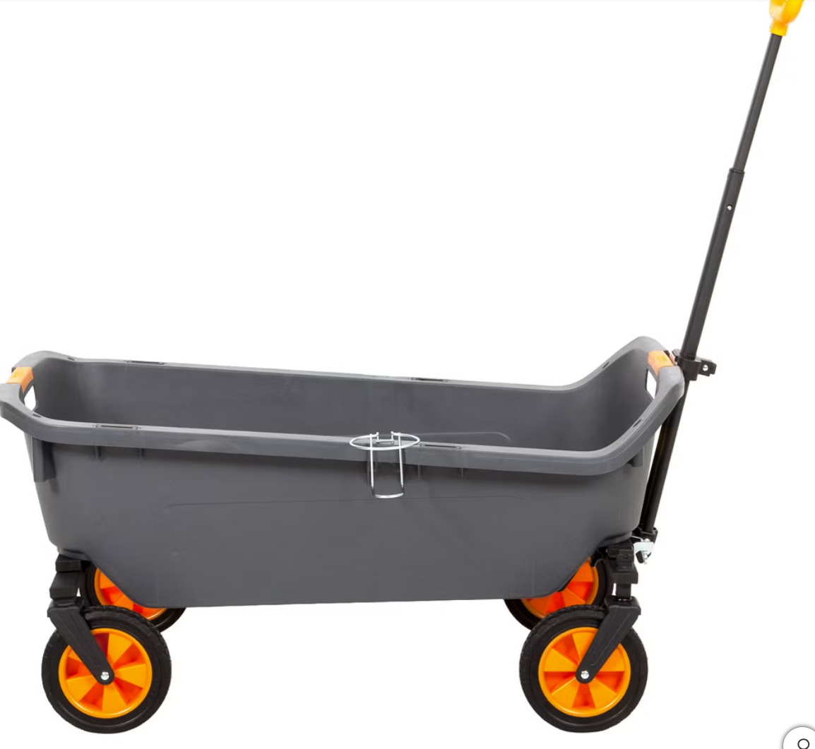 Seina Heavy Duty Plastic Utility Wagon with Fold-Up Wheels.