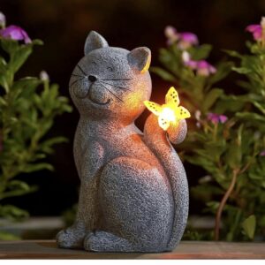 Nacome Solar Cat Outdoor Statues with Butterfly