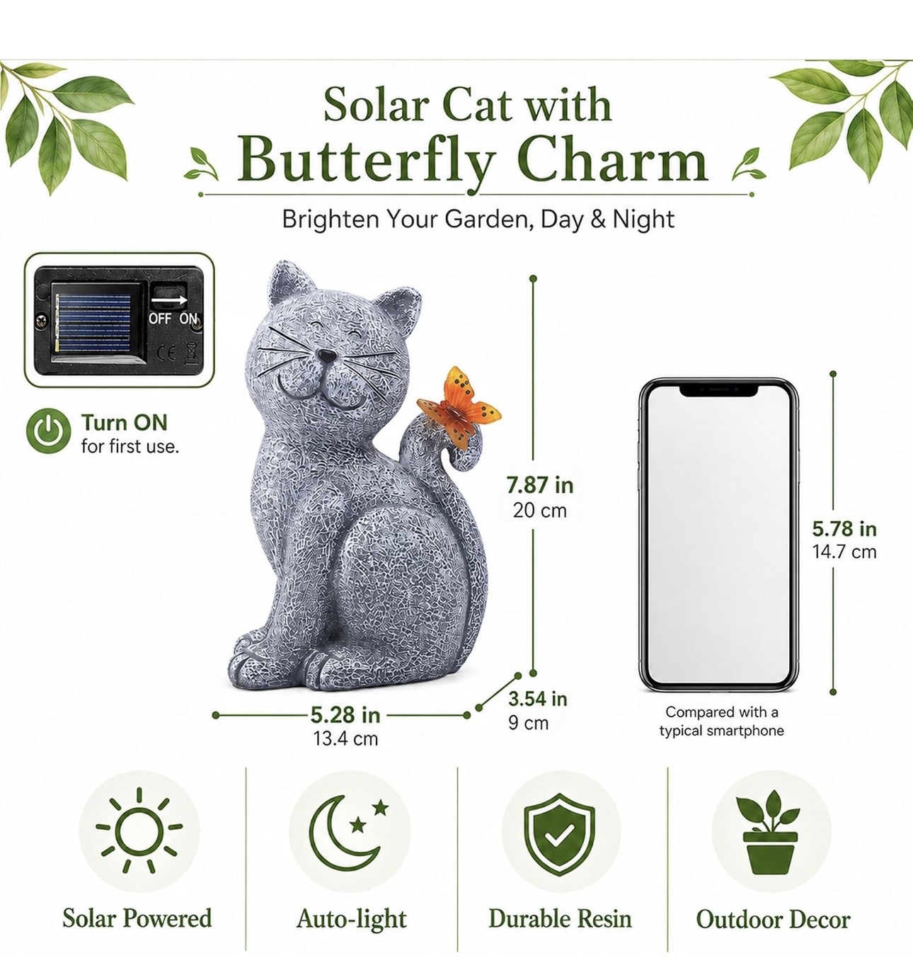 Nacome Solar Cat Outdoor Statues with Butterfly - Image 2