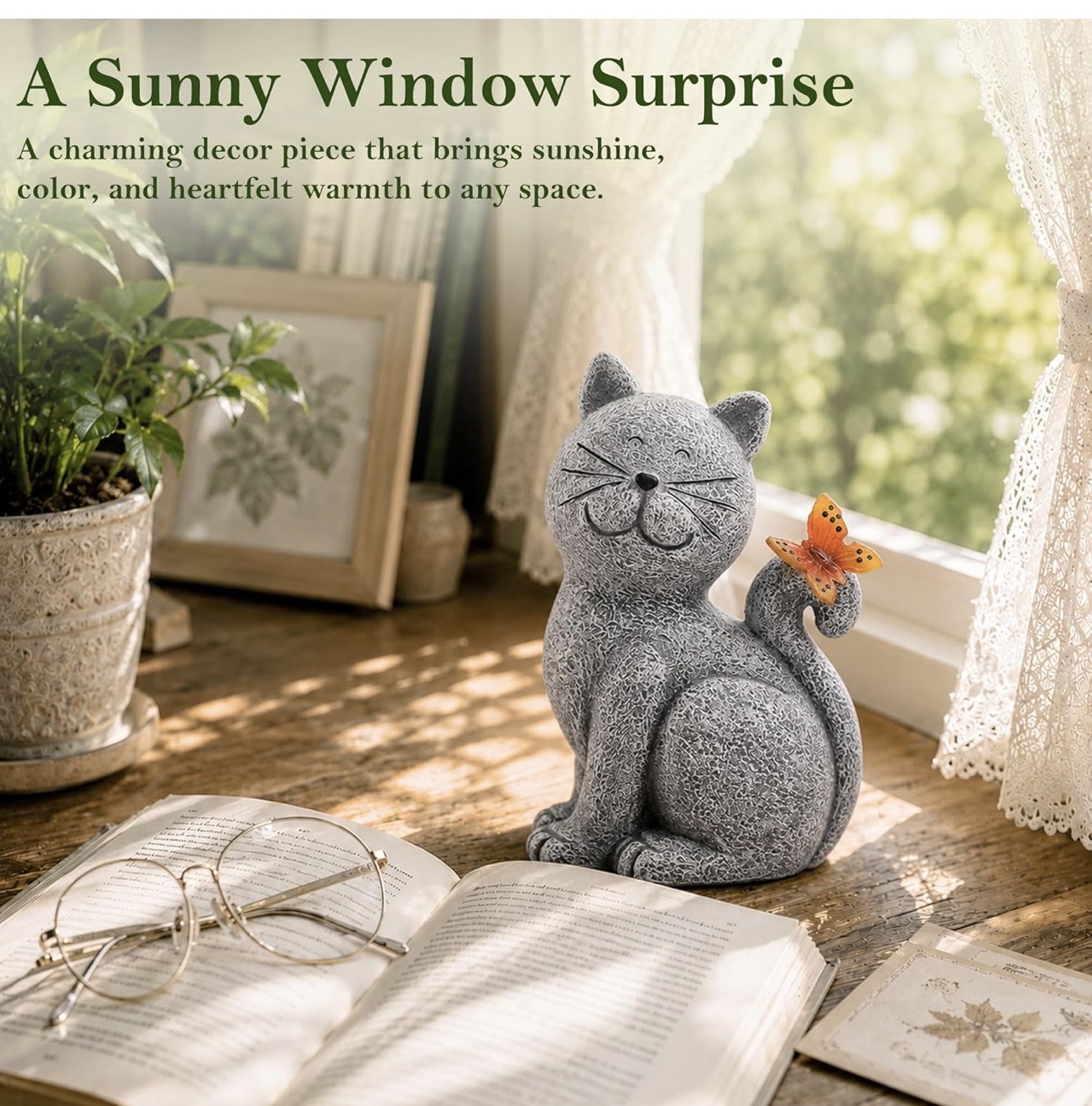 Nacome Solar Cat Outdoor Statues with Butterfly - Image 4