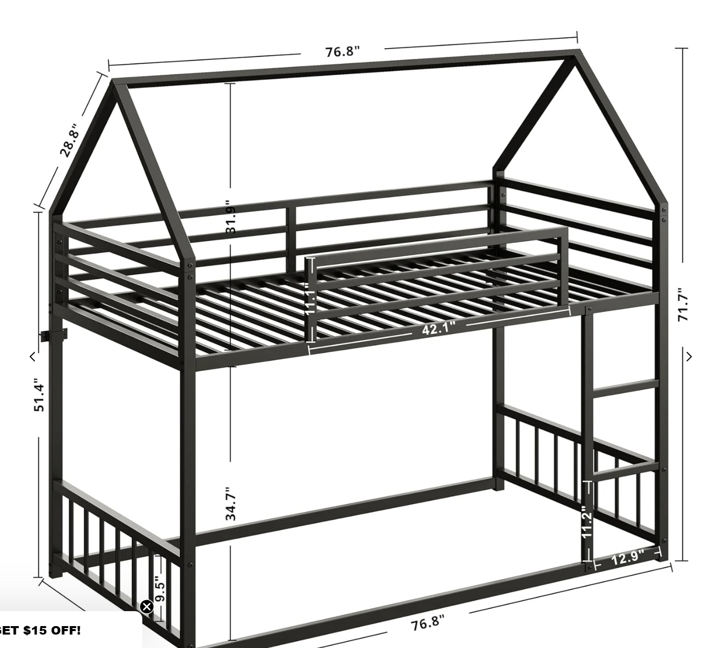 Likimio 40.7" W Bunk Bed Frame with Ladder and Guardrail. 315 Units - Image 3